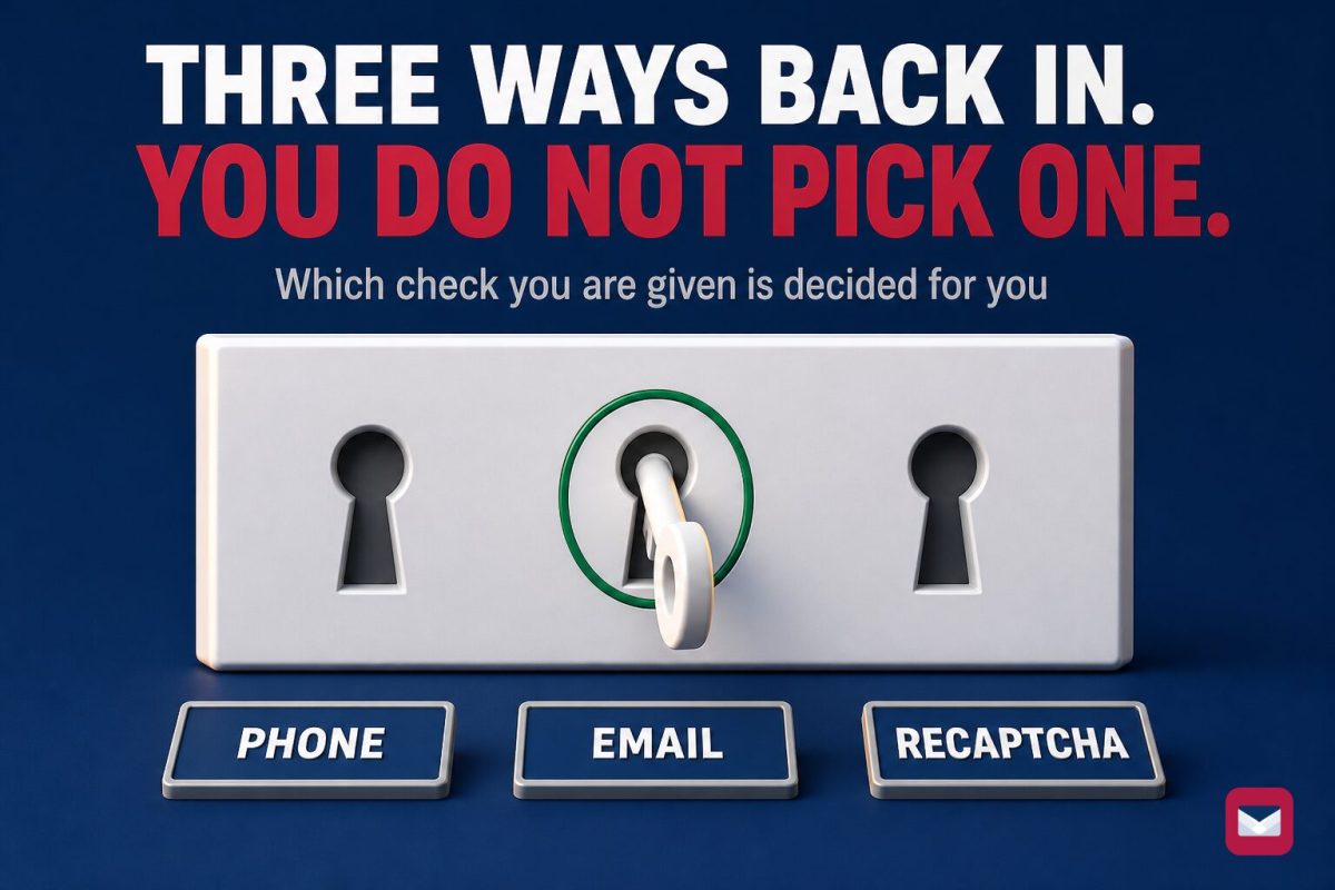 A white lock plate with three identical keyholes labelled phone, email and recaptcha, with a key resting in only one of them.