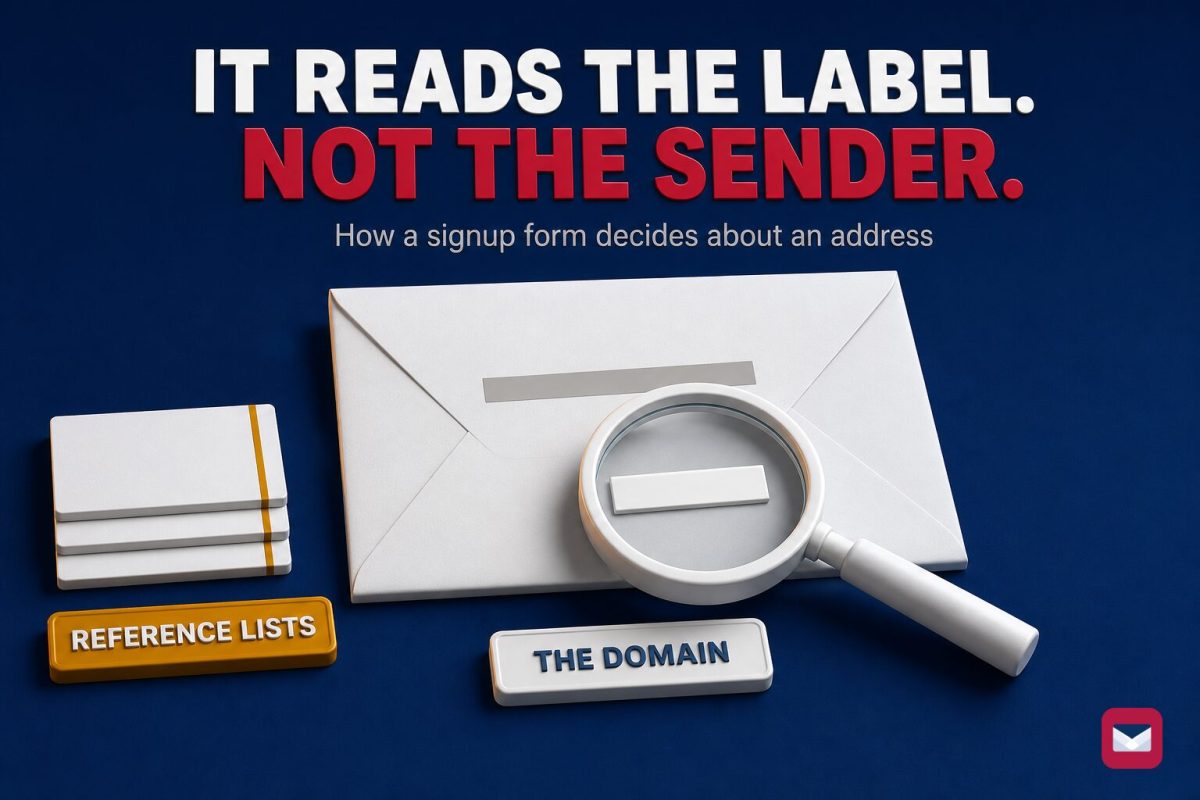 A magnifying glass over the second bar of a blank address block on an envelope, beside a small stack of reference cards.