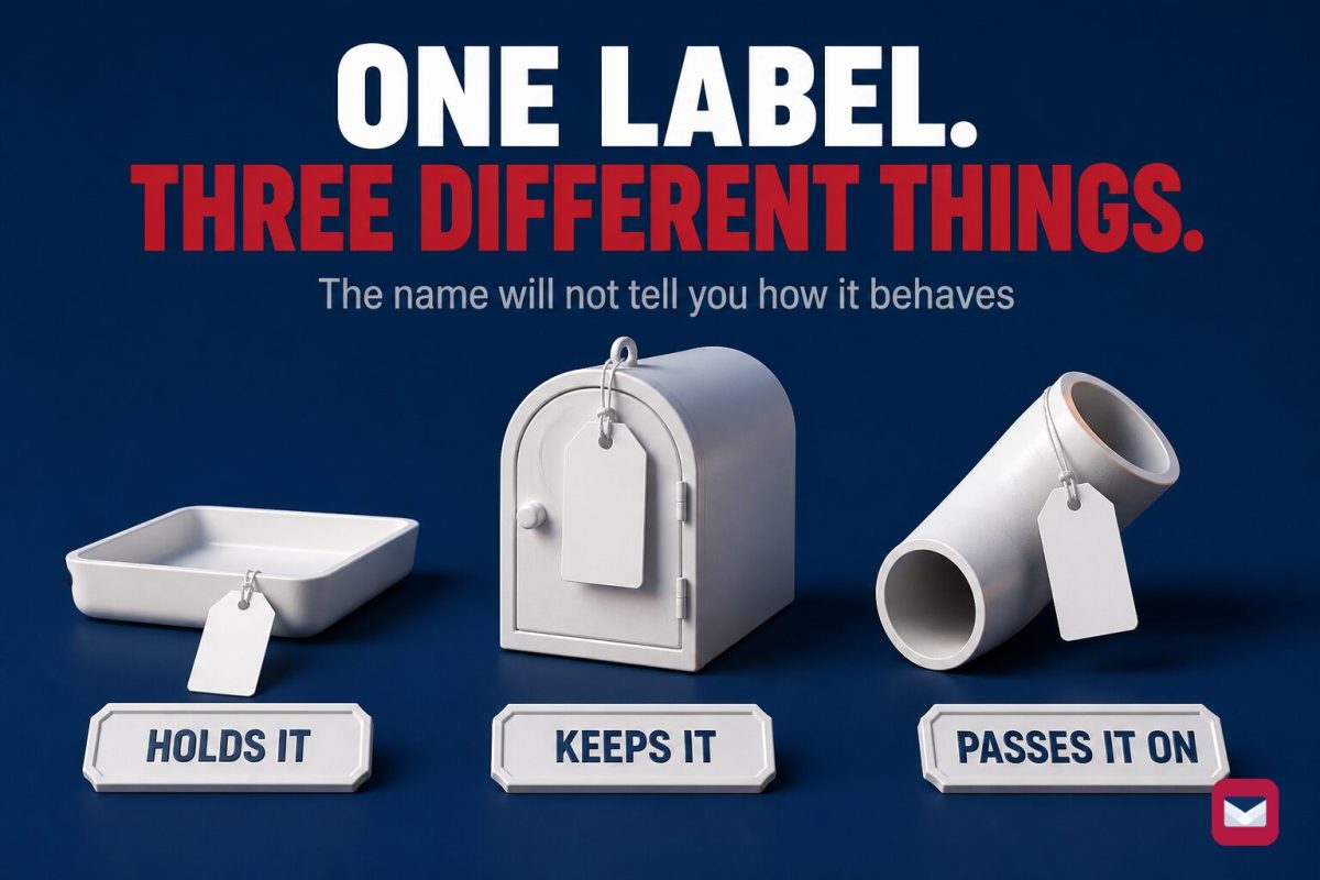 Three different white objects, a shallow tray, a closed mailbox, and an open pipe, each wearing the same blank luggage tag.