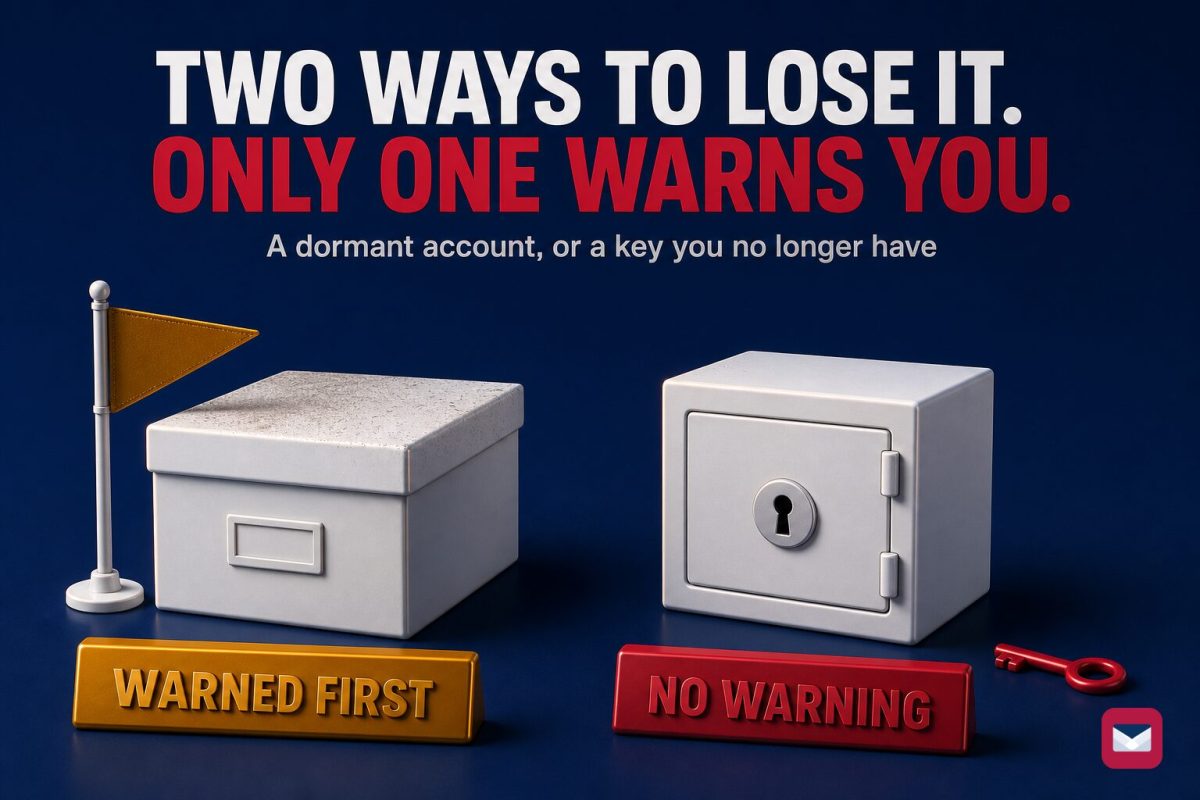 A dusty closed storage box with an amber warning pennant beside it, and a closed white strongbox with its red key lying apart on the floor.