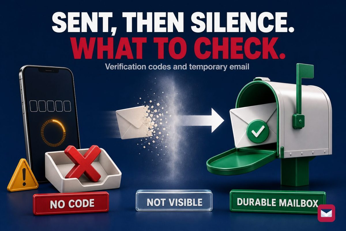 A phone showing empty verification code boxes beside a tray holding a red cross, an envelope dissolving into haze, and a mailbox receiving an envelope with a green check.