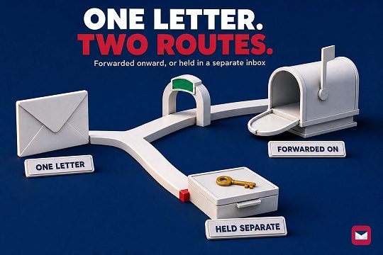 One white envelope whose path splits in two: one route continues into a large open mailbox, the other stops at a closed tray with a gold key on its lid.