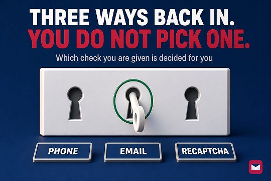 A white lock plate with three identical keyholes labelled phone, email and recaptcha, with a key resting in only one of them.