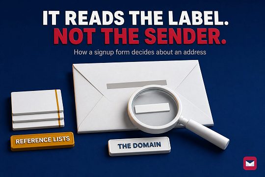 A magnifying glass over the second bar of a blank address block on an envelope, beside a small stack of reference cards.