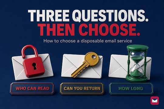 Three envelopes on navy, one under a red open padlock, one under a gold key, one beside a green hourglass, labeled who can read, can you return, and how long.