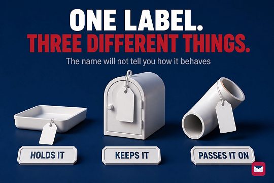 Three different white objects, a shallow tray, a closed mailbox, and an open pipe, each wearing the same blank luggage tag.