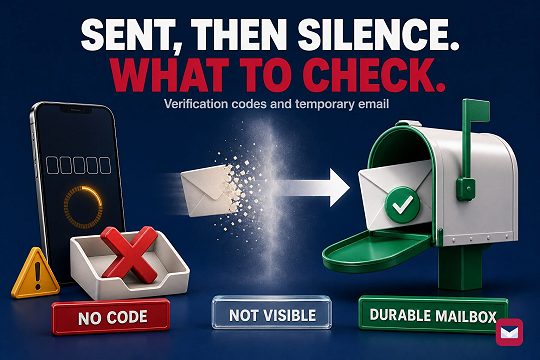 A phone showing empty verification code boxes beside a tray holding a red cross, an envelope dissolving into haze, and a mailbox receiving an envelope with a green check.